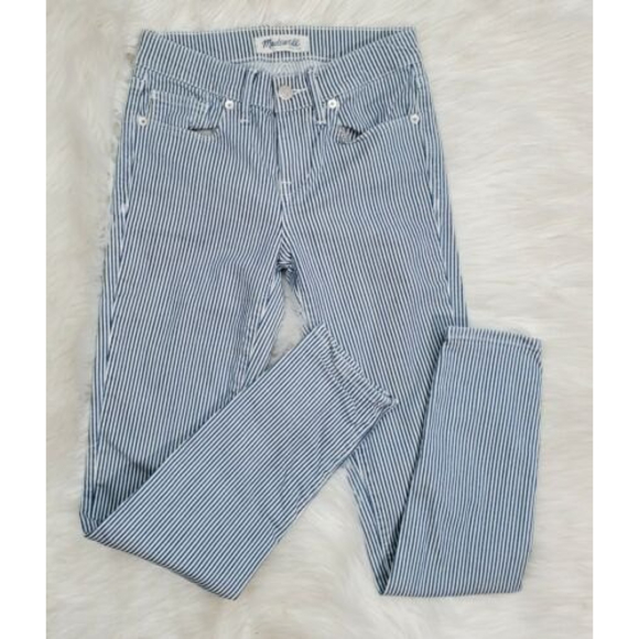 Madewell Skinny Ankle Zip Jean White Blue Railroad Stripe Mid Rise Size 24 x 26 - Picture 1 of 11